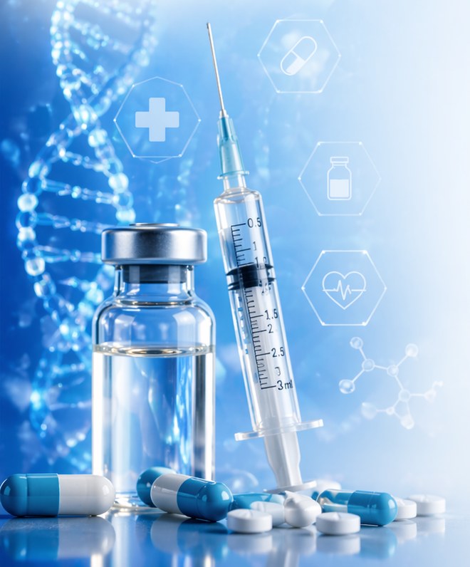 Vial y jeringa de laboratorio Vein Pharma